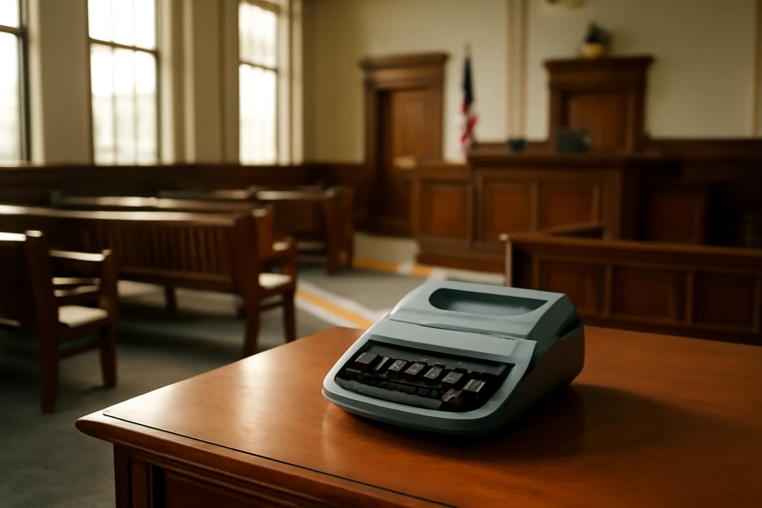 Empty courtroom with steno machine in Honolulu, Hawaii, for digital court reporter cost article.