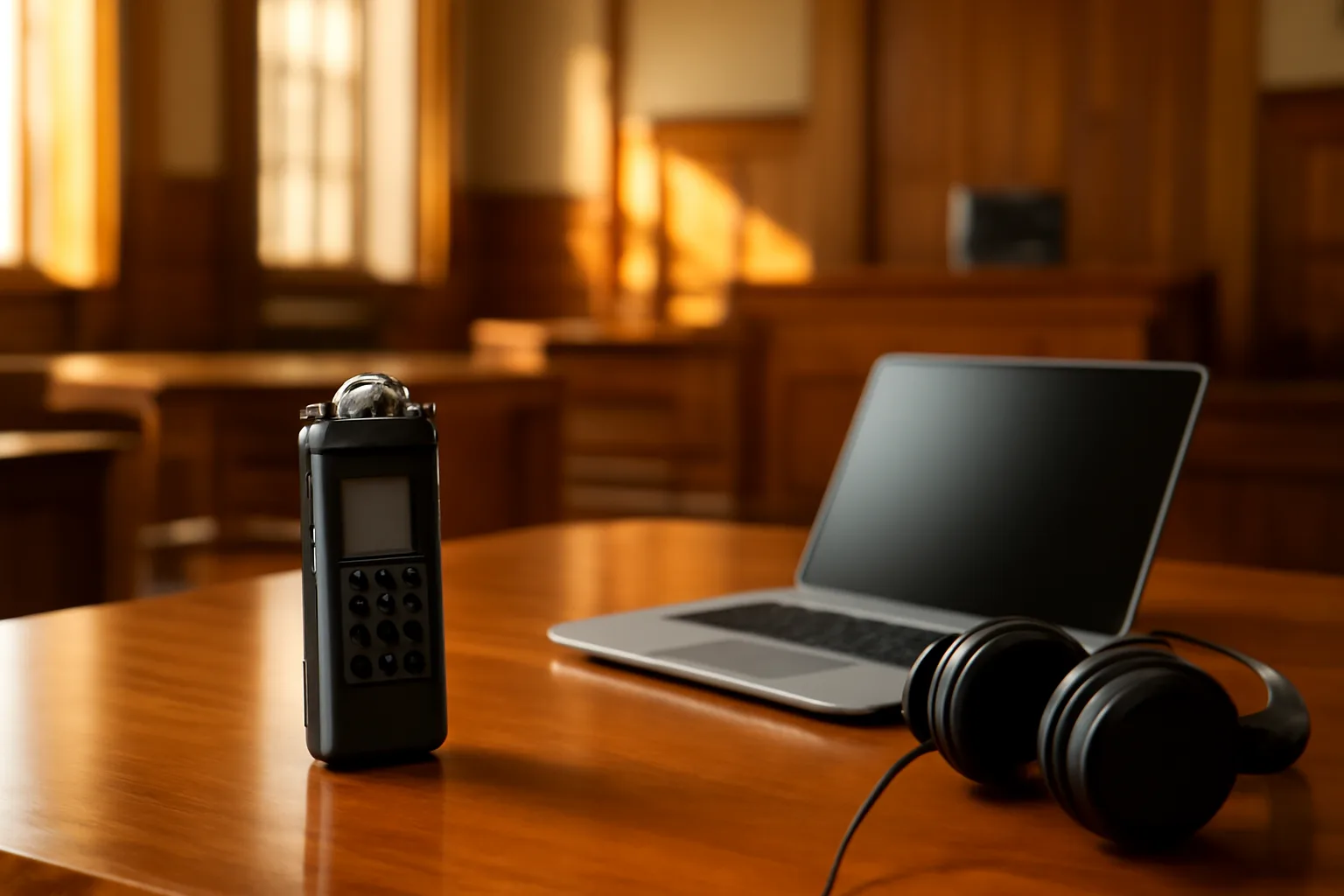 Digital court reporter equipment on a desk in an Arizona courtroom.