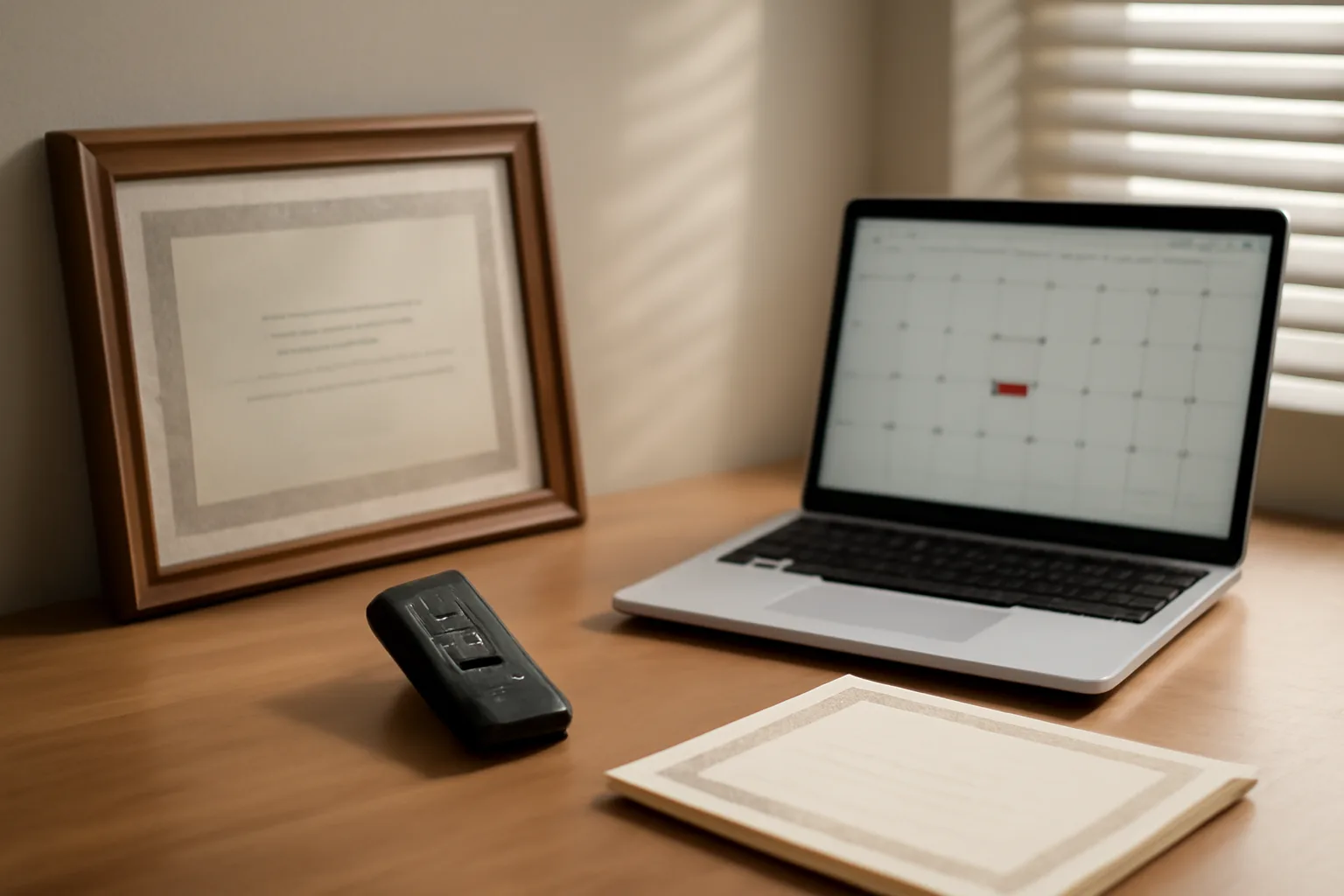 A digital court reporter's desk with Arkansas renewal documents and a recorder