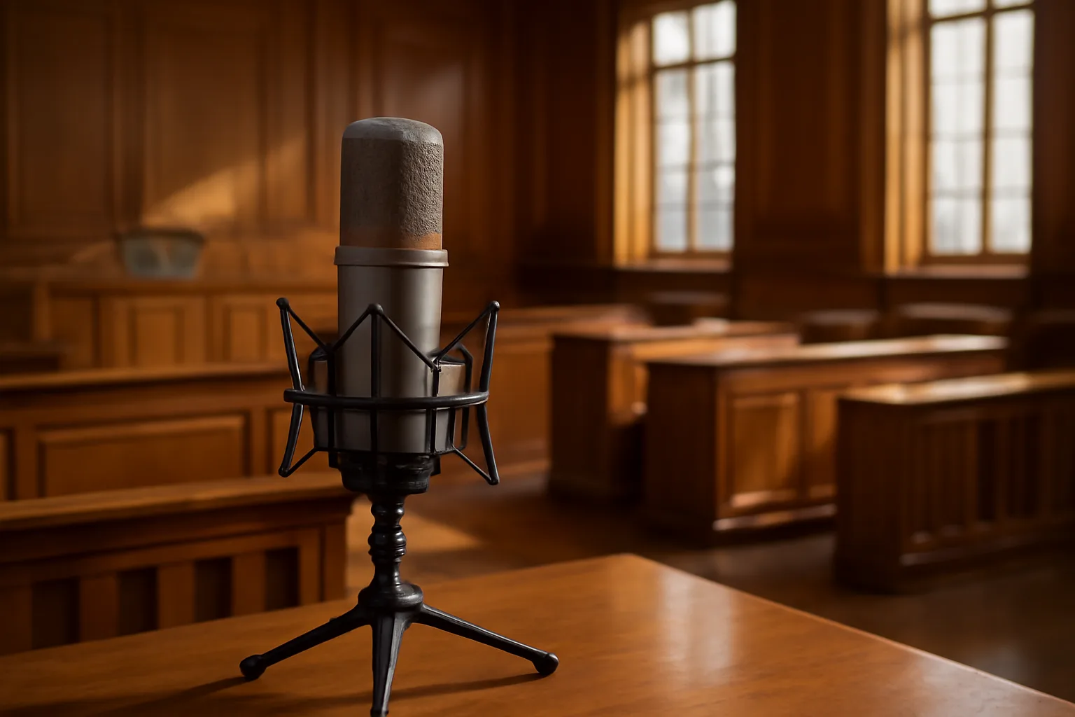 Condenser microphone on tripod in an empty Arizona courtroom with wood panels and afternoon light