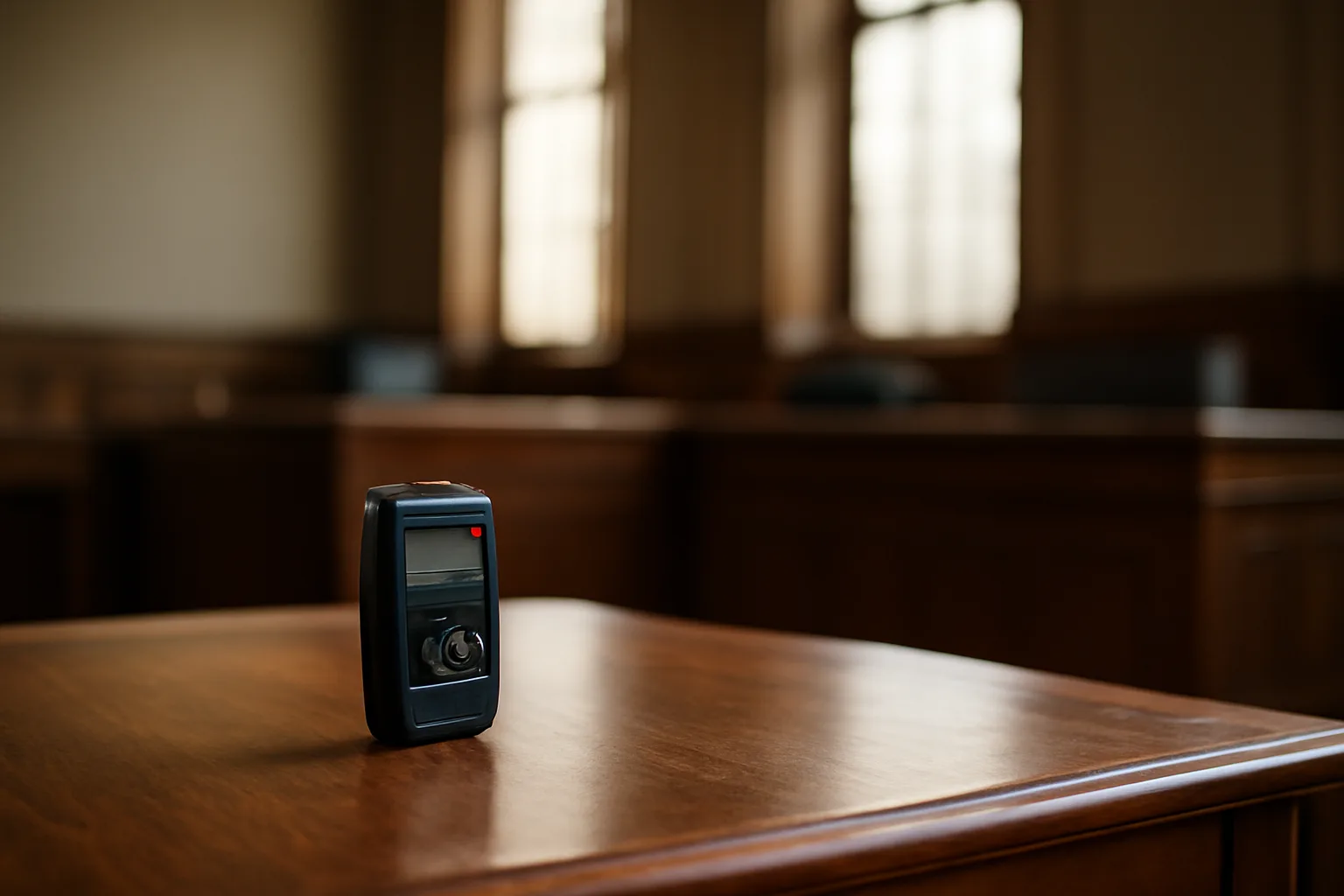Digital audio recorder on empty Arkansas courtroom table, no text