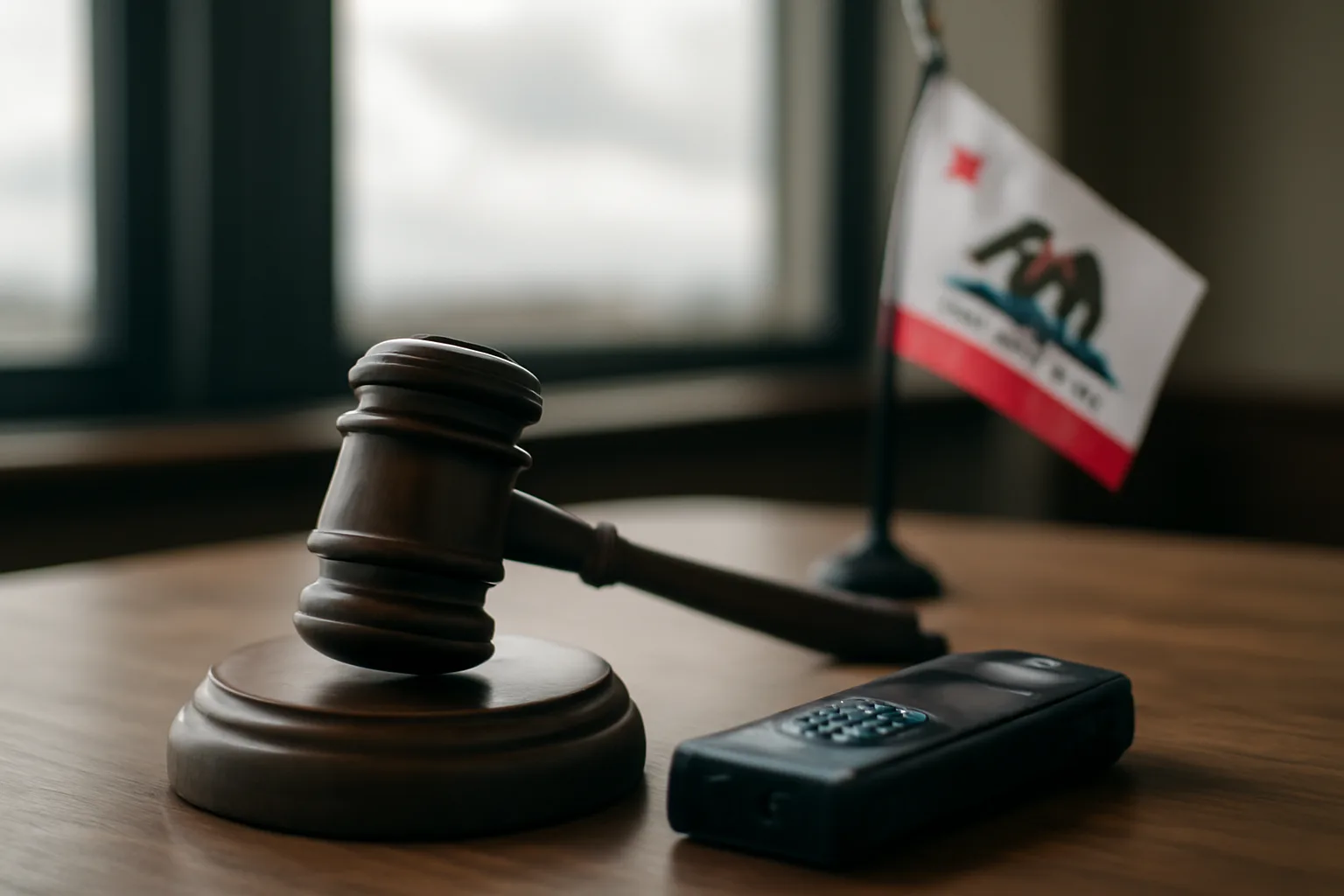 Gavel, digital recorder, and California flag on a hearing room desk.