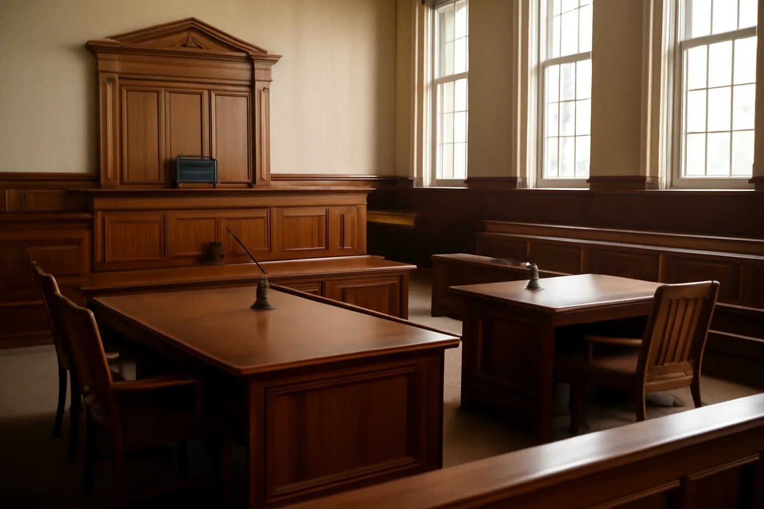 Empty Connecticut courtroom with recording microphones and wooden bench