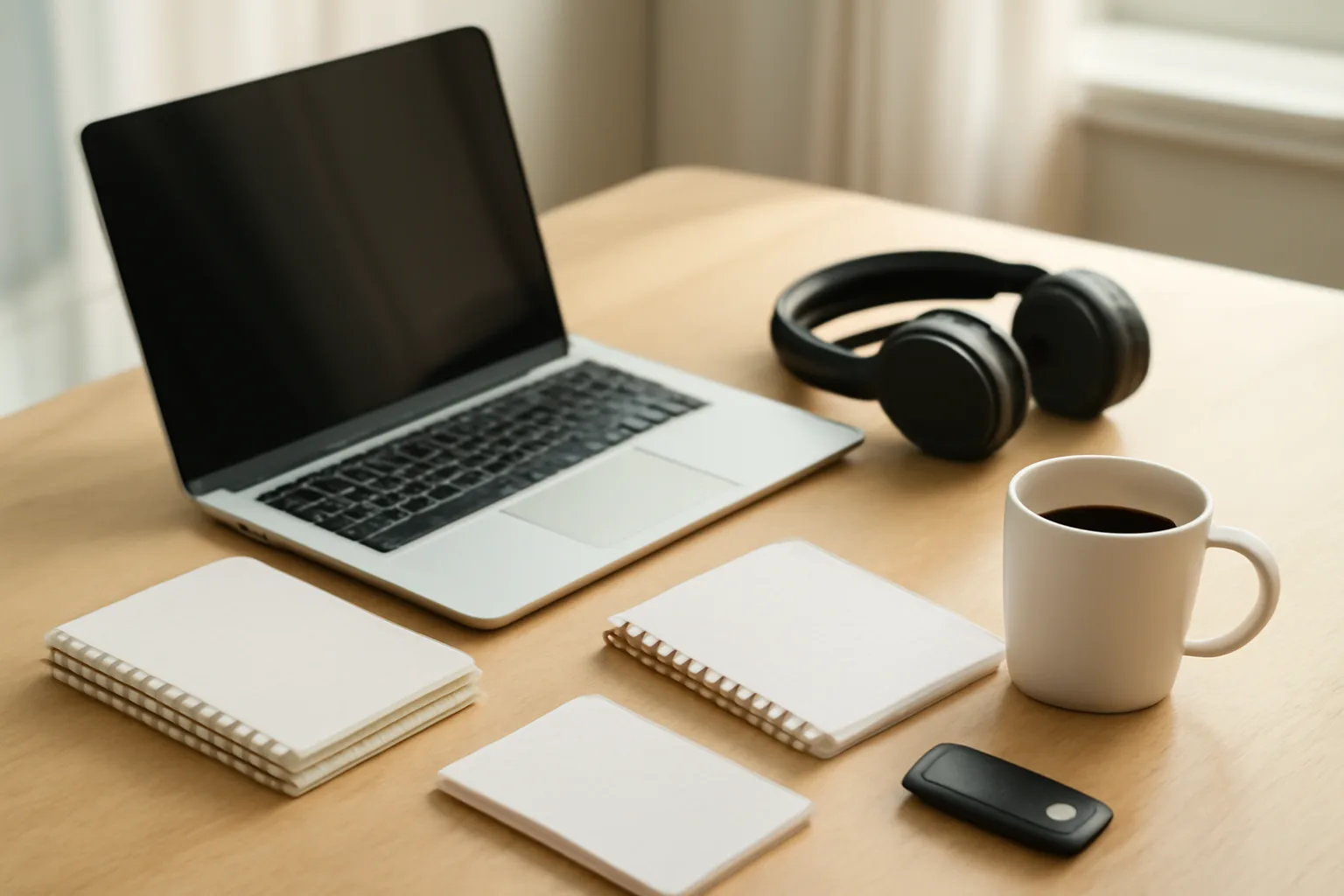 Digital court reporter workspace in Georgia with laptop, headphones, notepads, and recorder