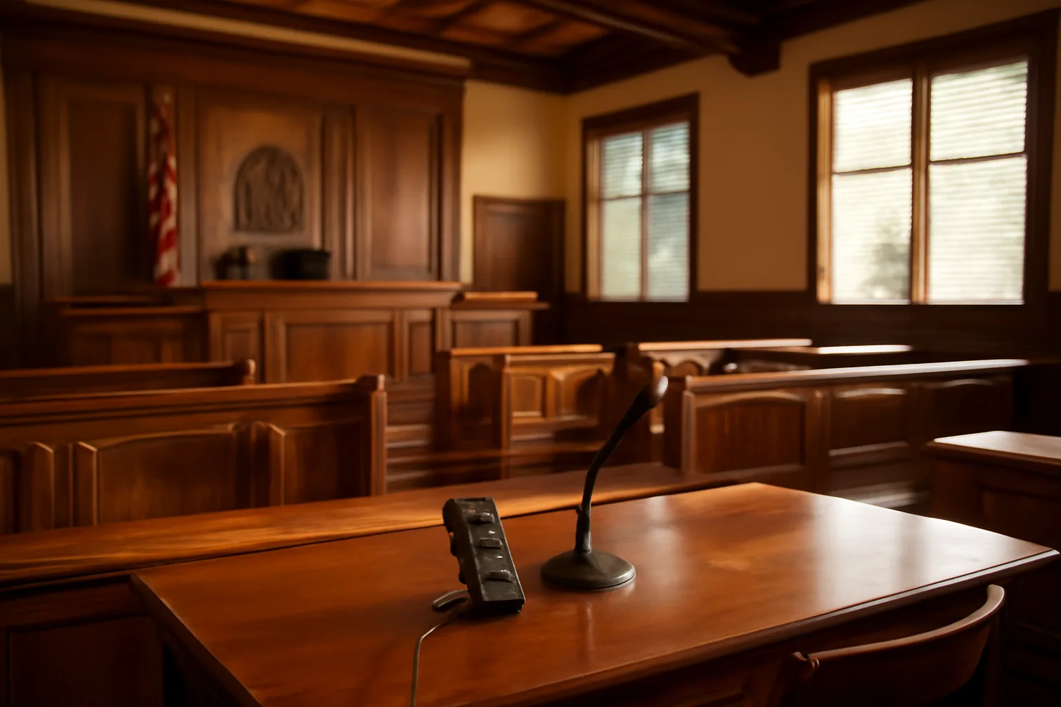 Digital recording equipment on a courtroom table in Hawaii, natural light.