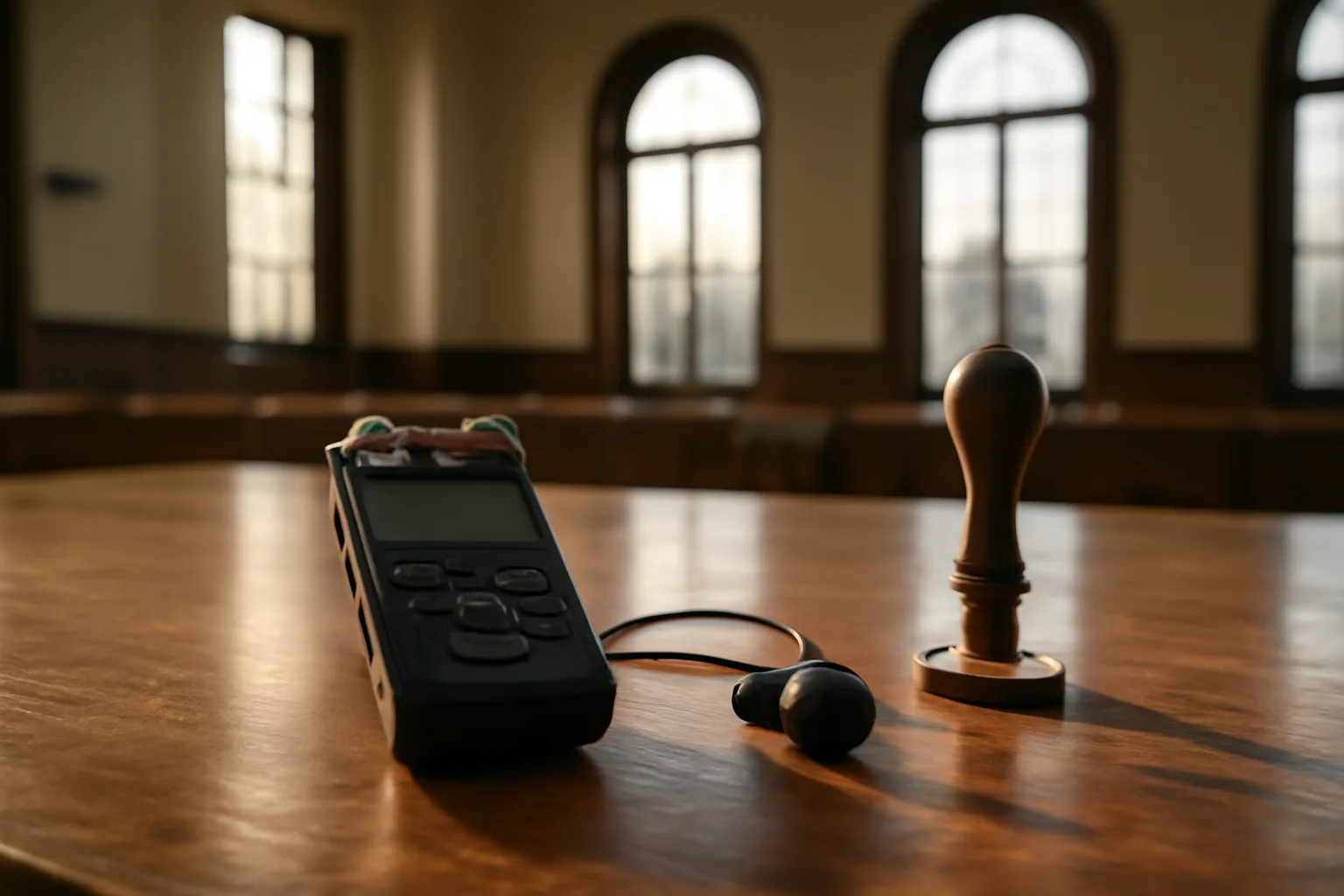 Digital audio recorder, microphone, and notary stamp on conference table in Arkansas courthouse