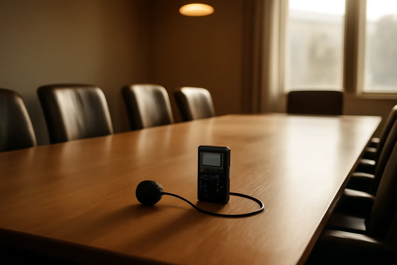 Empty conference room table with a digital audio recorder set up for court reporting