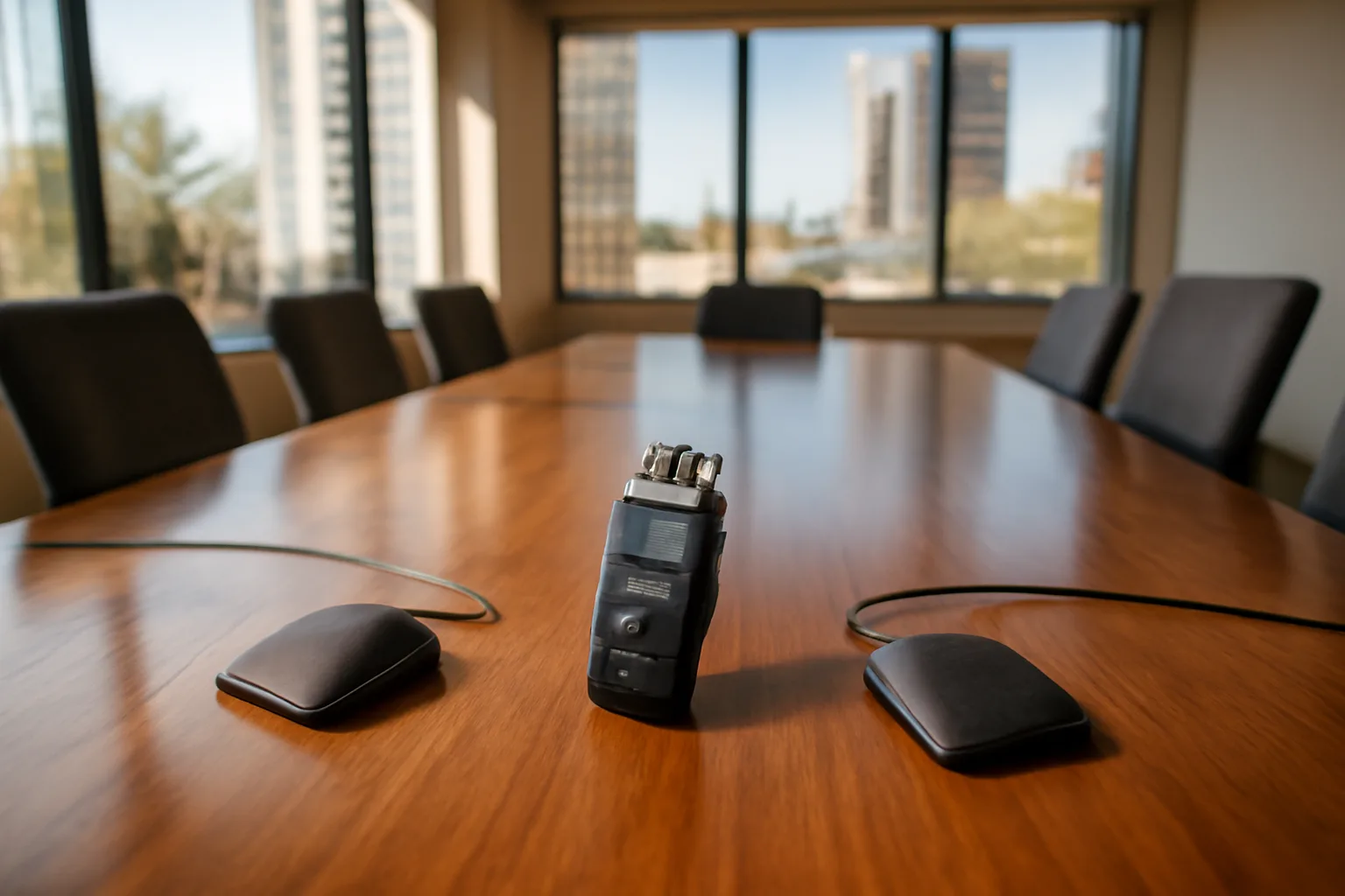 Digital audio recorder and microphones on a conference room table in Phoenix, Arizona
