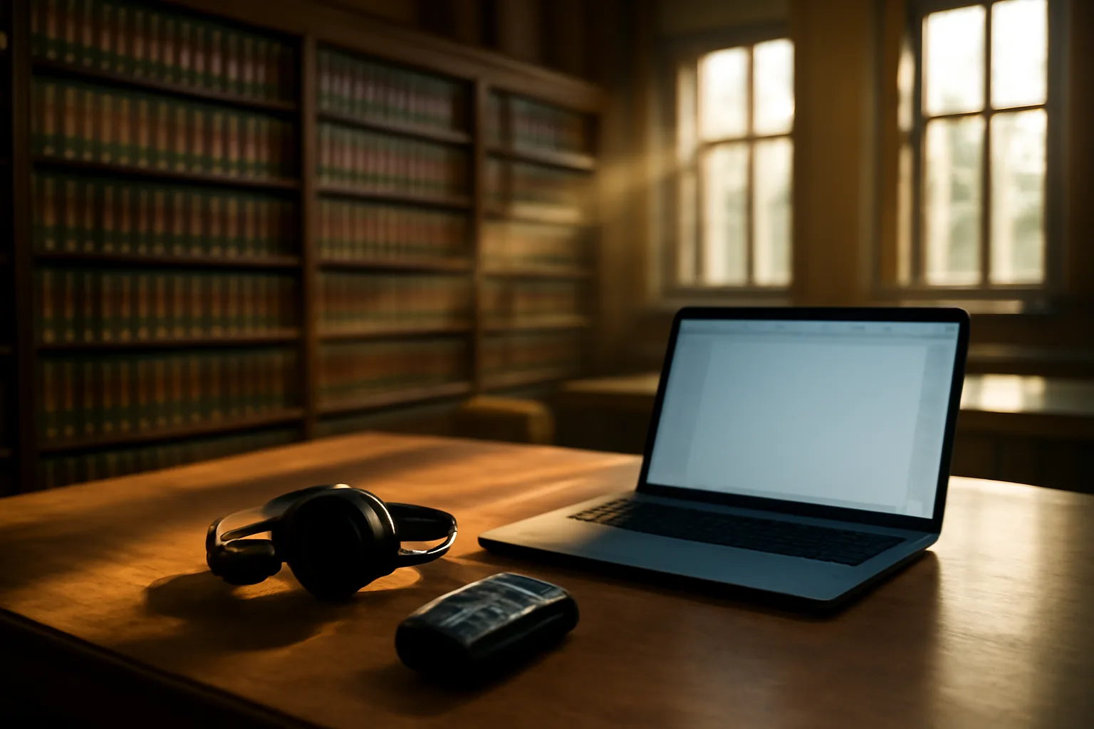 Arkansas law library table with digital recording equipment ready for court reporting work