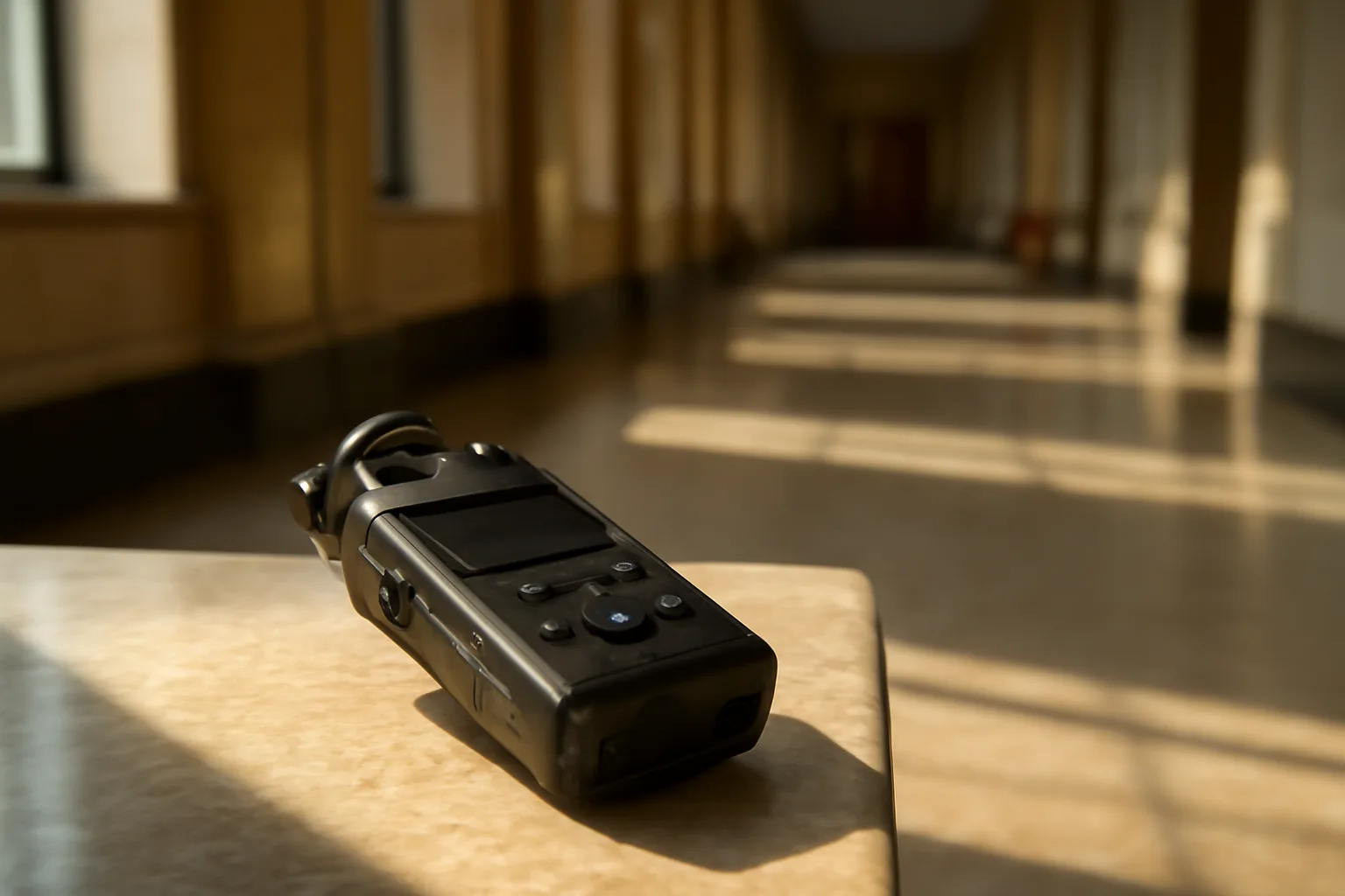 Digital recorder in a California courthouse hallway
