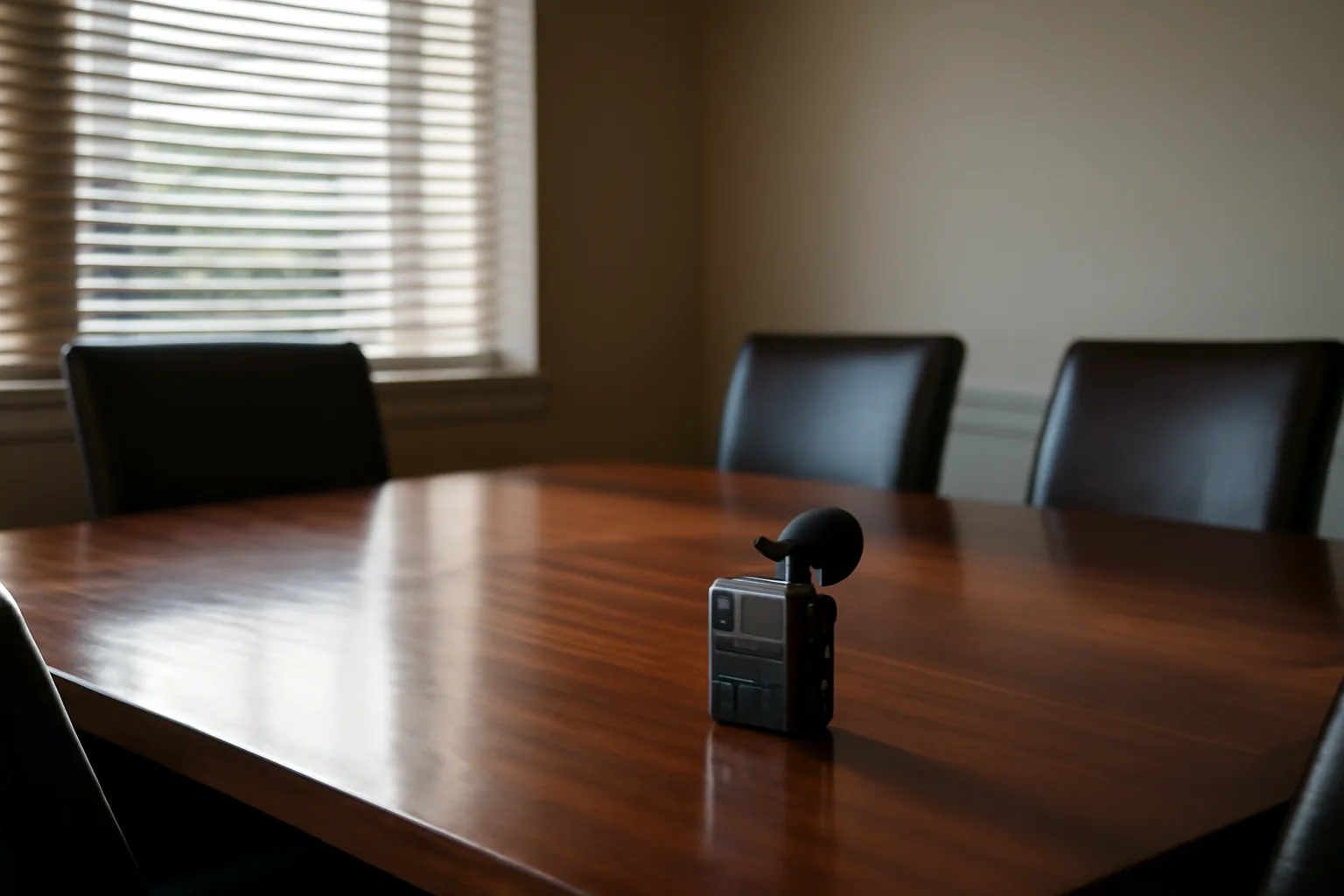 Digital audio recorder on a conference table in a Connecticut deposition room