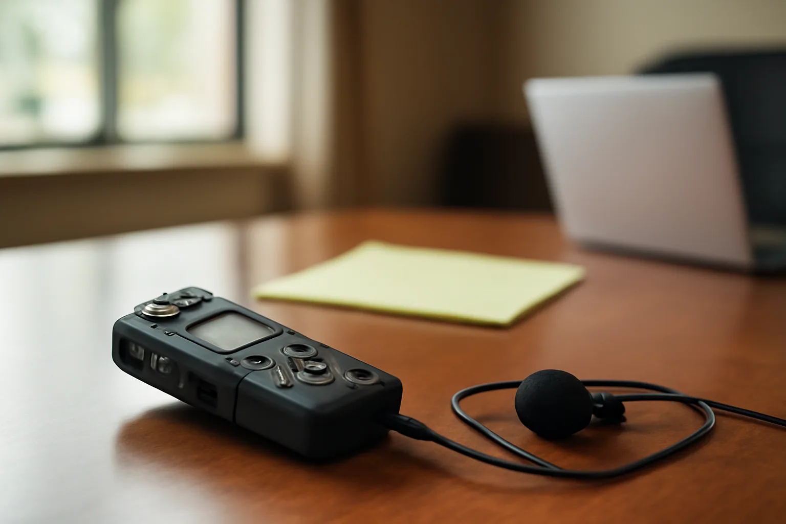 Digital audio recorder on a Florida deposition table before a proceeding
