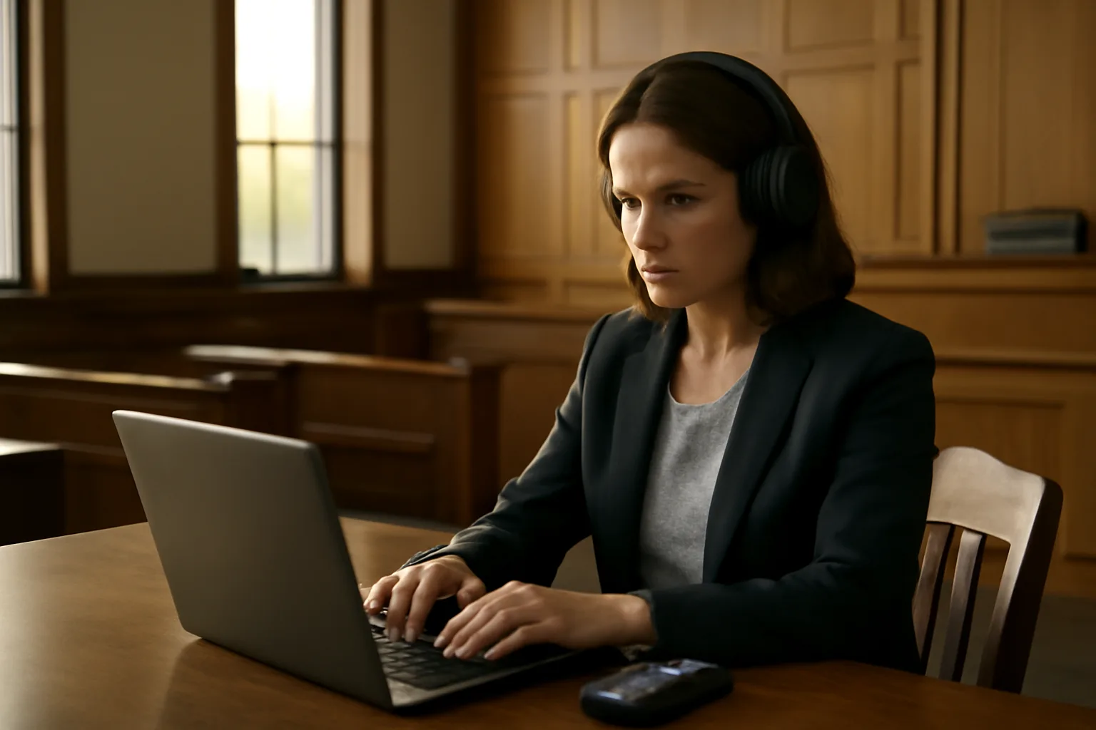 Digital court reporter workstation in a Georgia courtroom with recorder and laptop