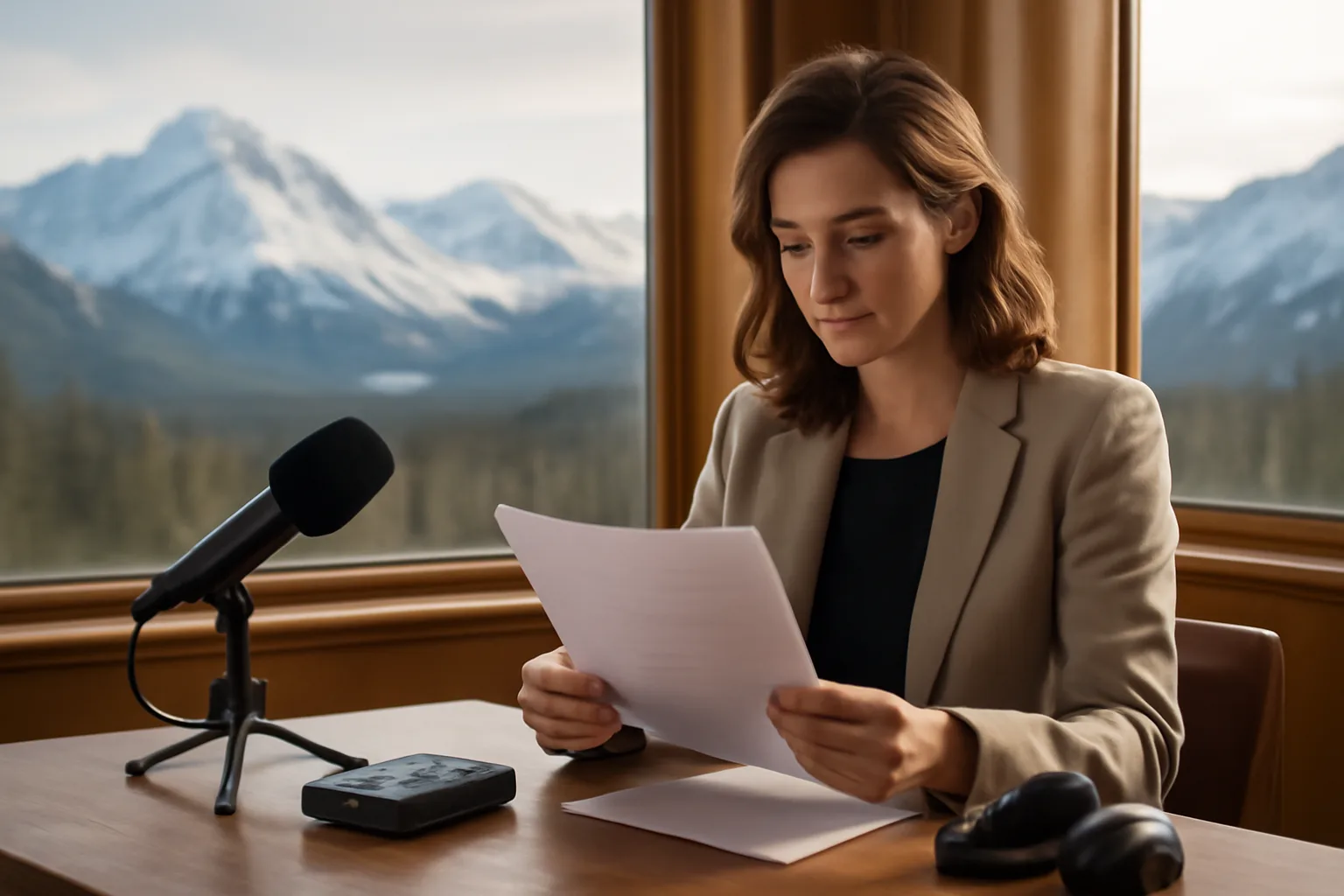 Digital court reporter reviewing documents at a desk with Alaska mountain view