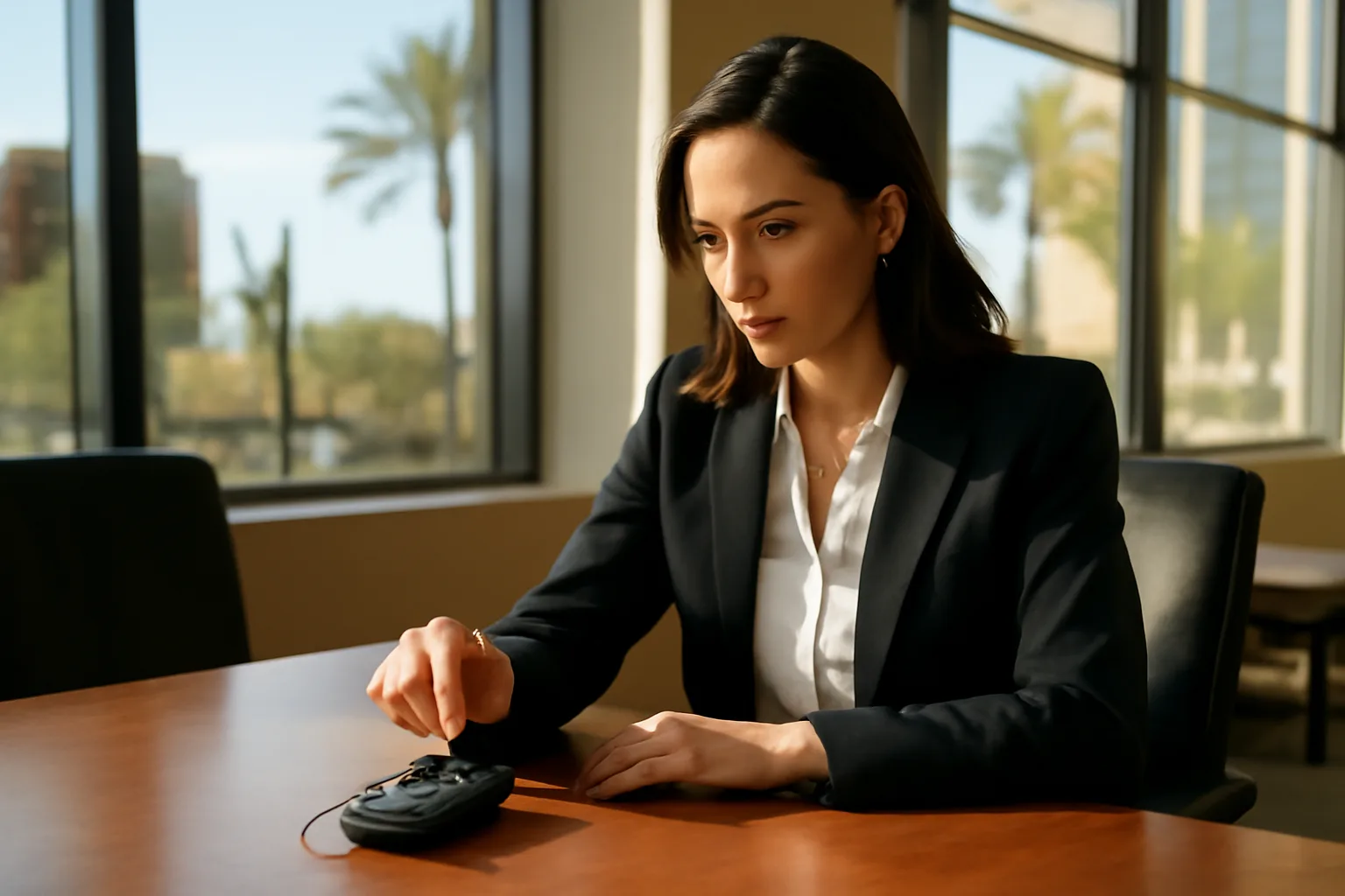 Digital court reporter adjusting microphone at a Phoenix conference room table