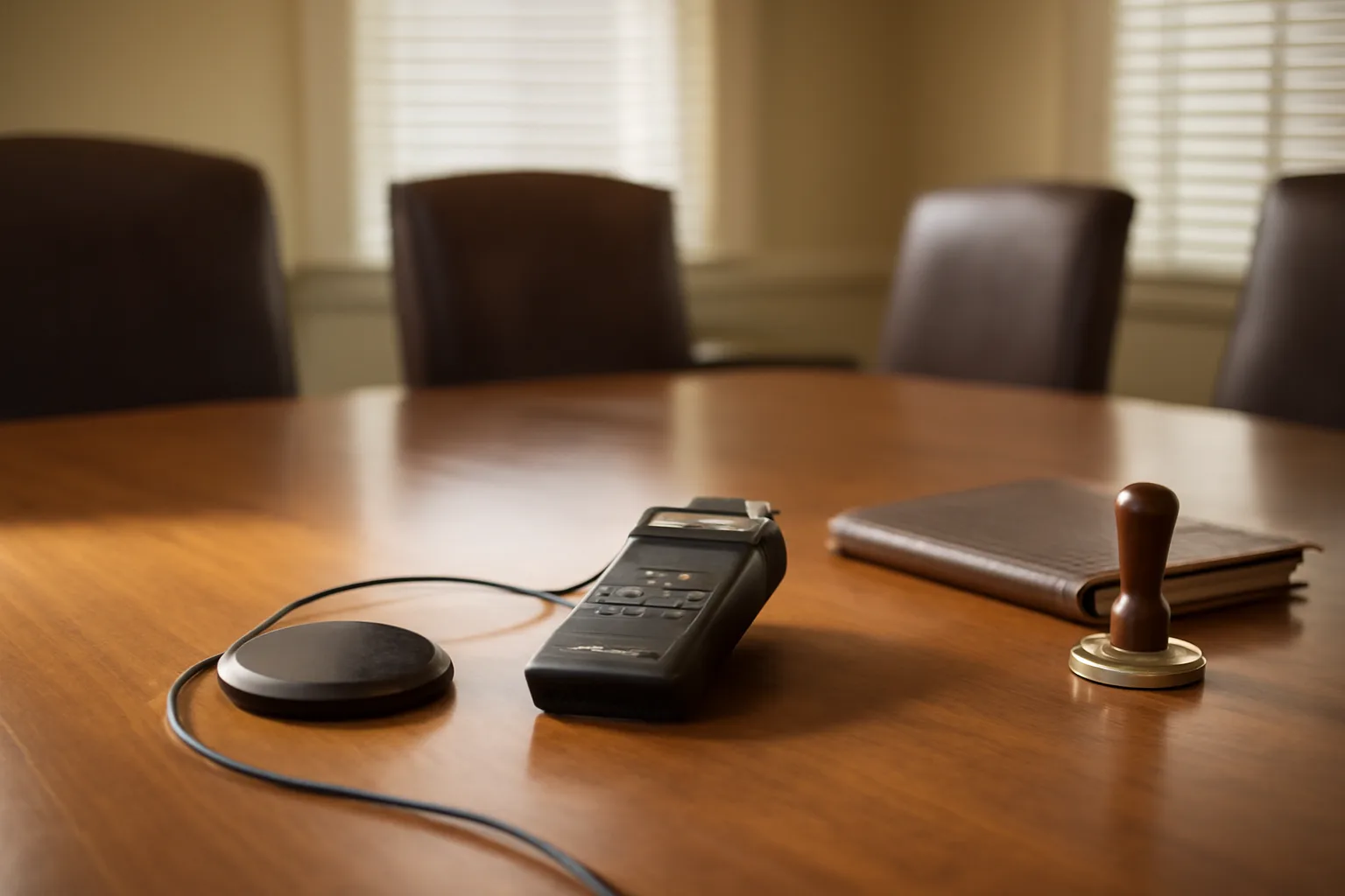 Digital recorder and microphone on a conference room table prepared for a Connecticut deposition